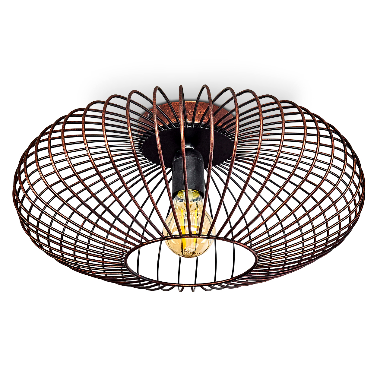 Eine ovale, bronzefarbene Deckenlampe mit Drahtrahmen und einer Glühbirne in der Mitte. Der Hintergrund ist weiß.