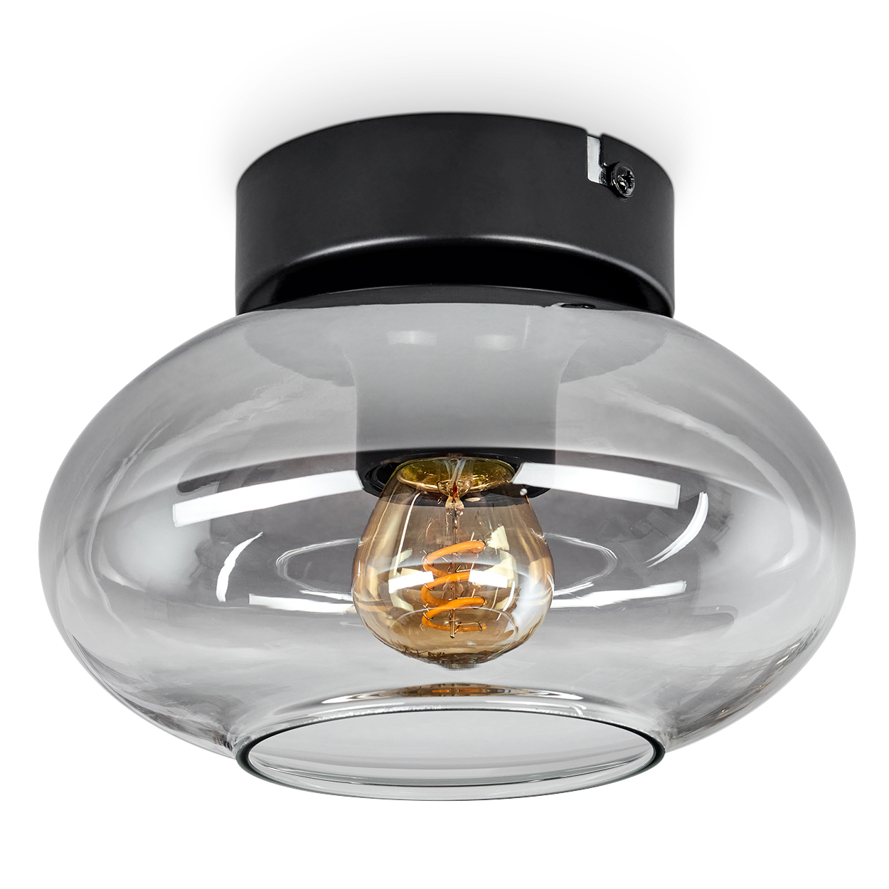 Eine moderne Deckenlampe mit schwarzem Sockel und einem transparenten, abgerundeten Glasschirm. Im Schirm ist eine Glühbirne sichtbar.