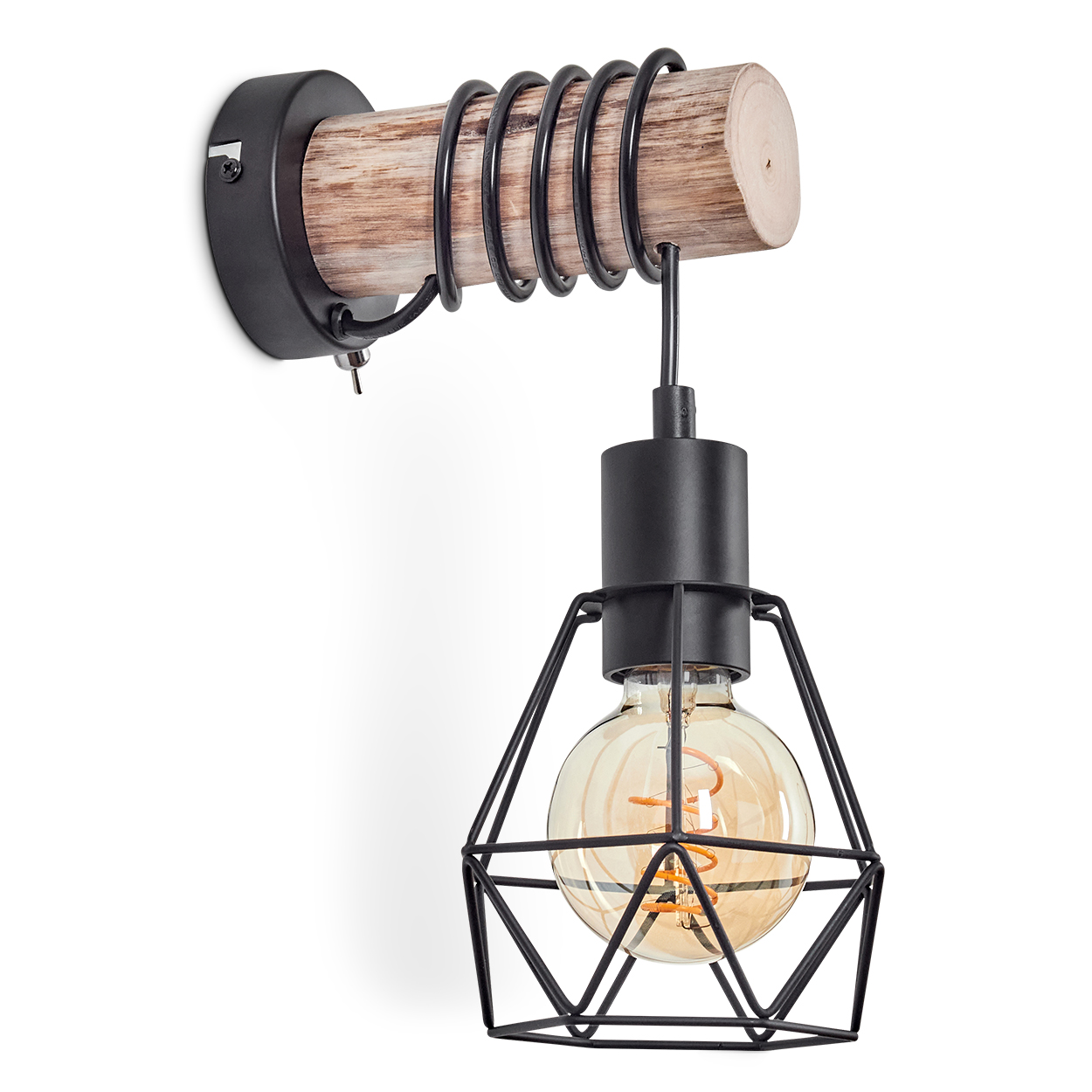 Eine rustikale Wandlampe mit Holzsockel, schwarzem Metallkäfig und Glühbirne. Sie ist an einer weißen Wand befestigt.
