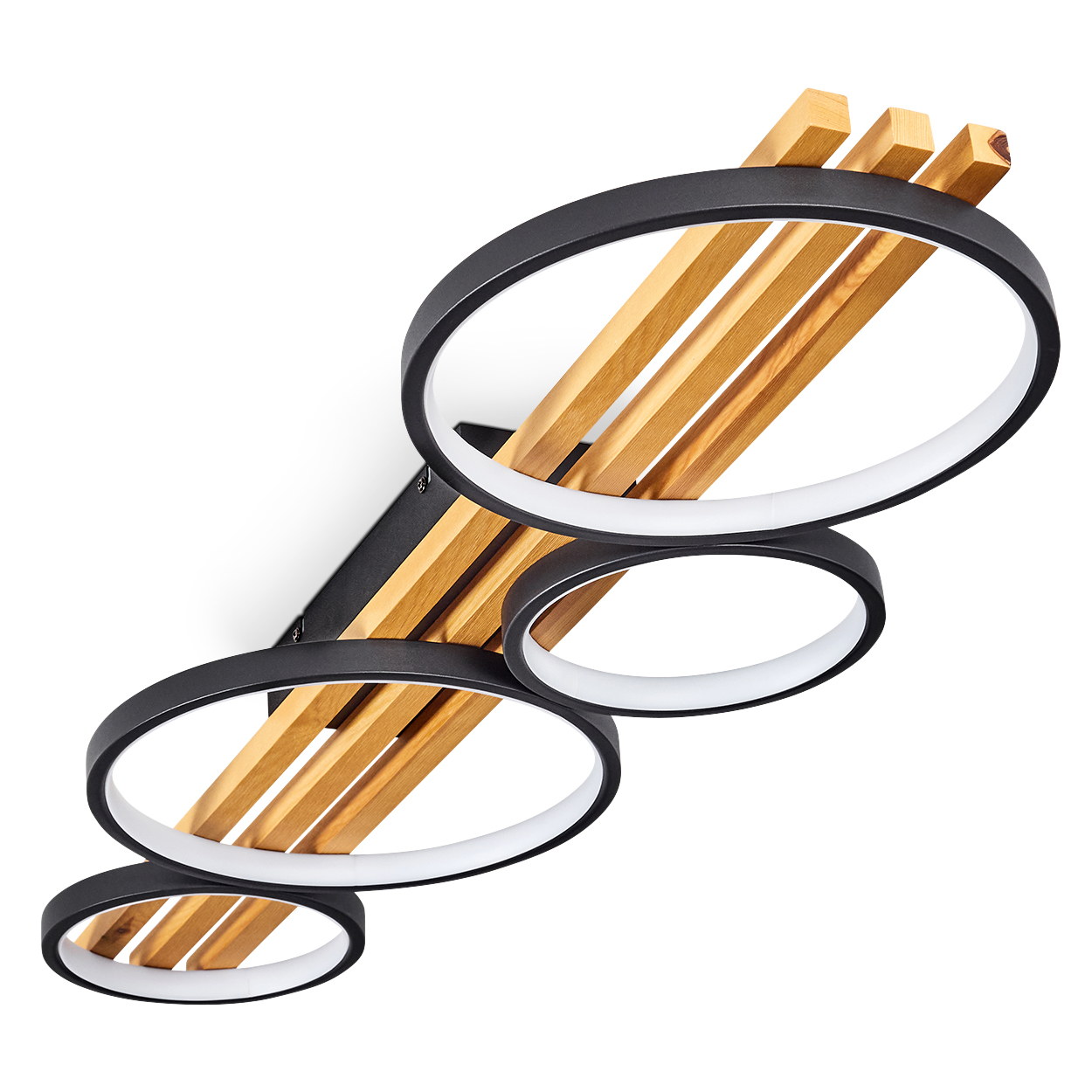 Deckenleuchte mit Holzlatten und schwarzen kreisförmigen Rahmen. Die Leuchte hat ein modernes Design mit weißen und schwarzen Akzenten.