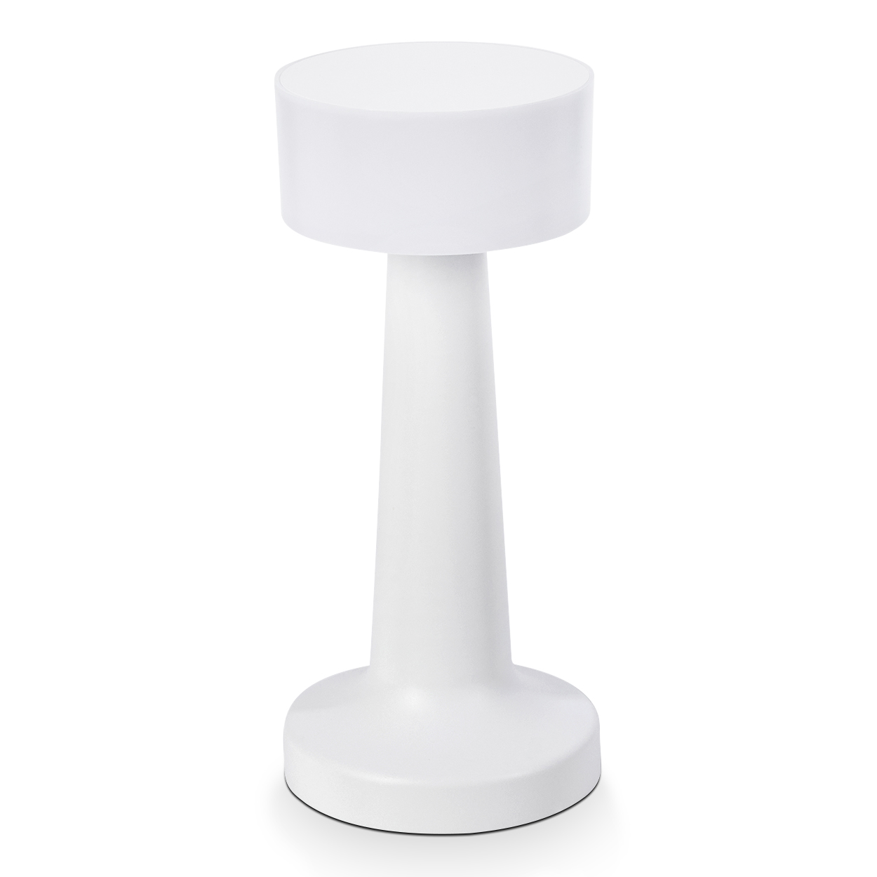 Eine weiße Lampe mit zylindrischem Oberteil, konischem Schaft und kreisförmiger Basis auf weißem Hintergrund.