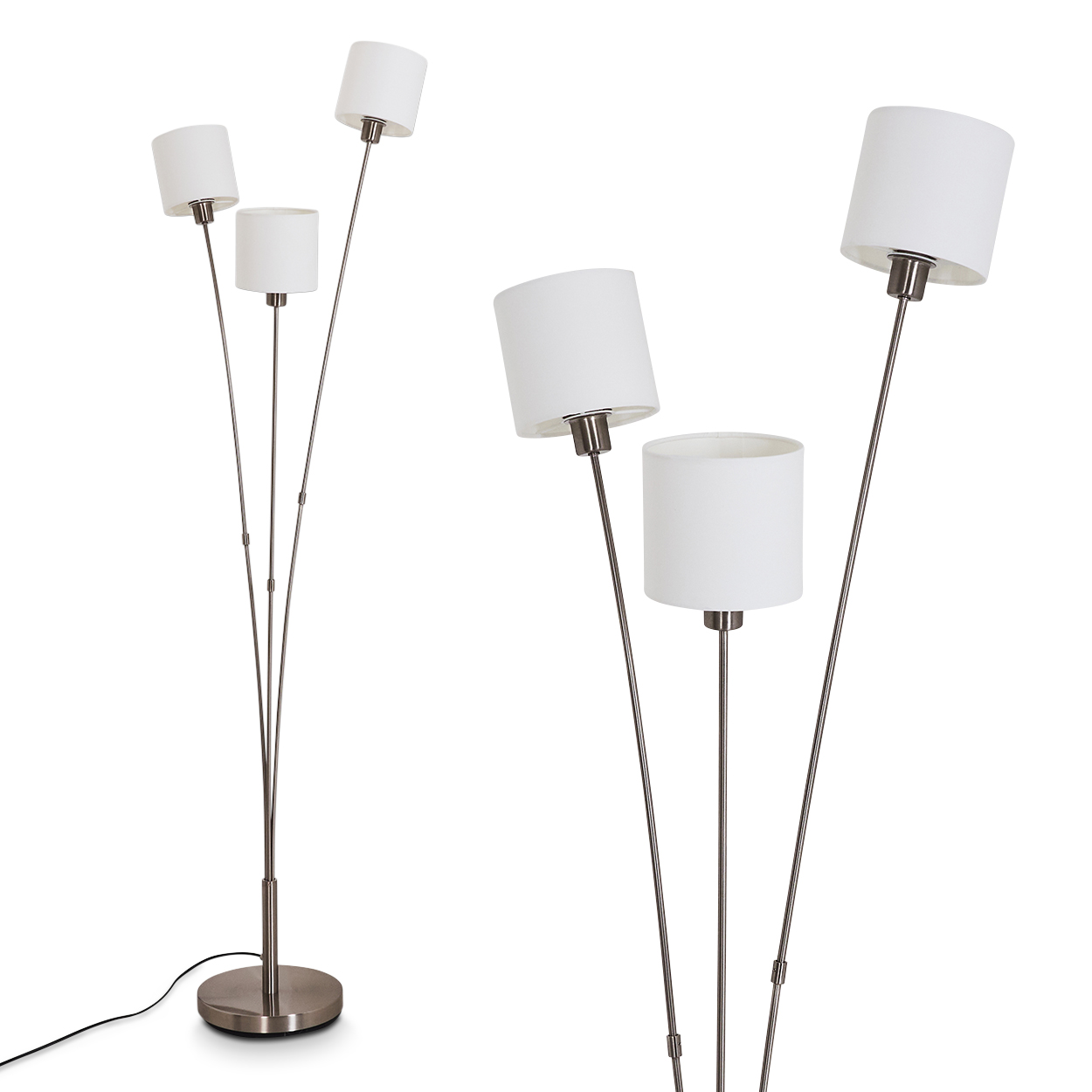 Eine moderne Stehlampe mit fünf weißen Lampenschirmen an schlanken Metallstielen. Sie steht auf einem kreisförmigen Sockel.