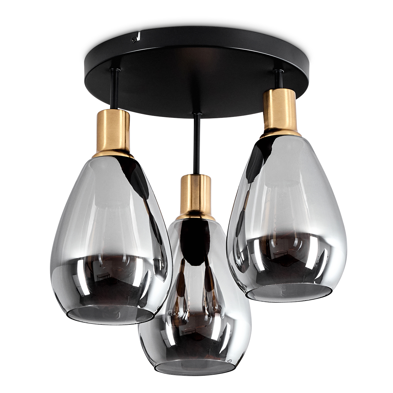 Eine moderne Deckenlampe mit drei tropfenförmigen Glasschirmen. Schwarzer Sockel, goldfarbene Akzente und weißer Hintergrund.
