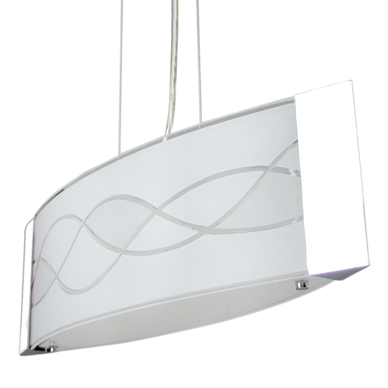 Eine moderne, weiße, längliche Pendelleuchte mit einem Milchglasschirm und einem wellenförmigen Design. Sie hängt an dünnen Drähten vor einem weißen Hintergrund.