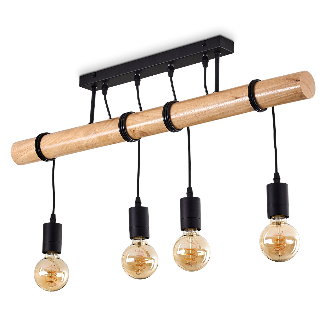 Eine Deckenlampe aus Holzbalken mit vier hängenden Glühbirnen. Der Balken wird von einer schwarzen Metallstruktur getragen.