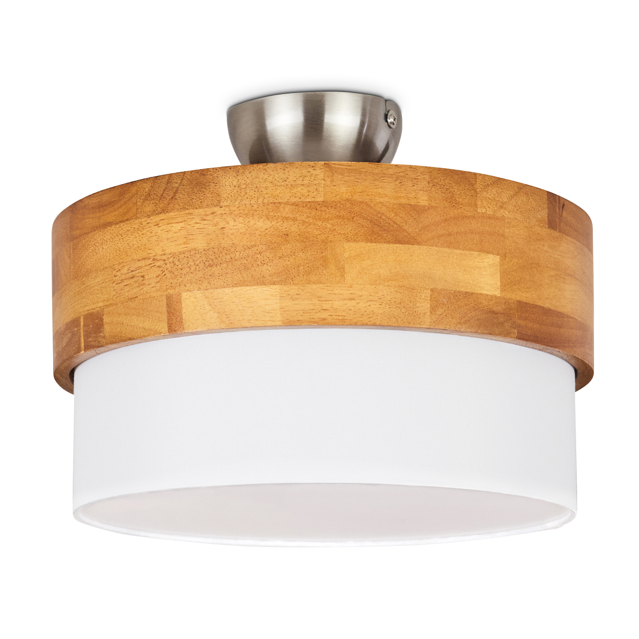 Eine moderne Deckenlampe mit Holzrahmen und weißem Schirm. Die Oberseite ist metallisch. Die Lampe steht vor weißem Hintergrund.