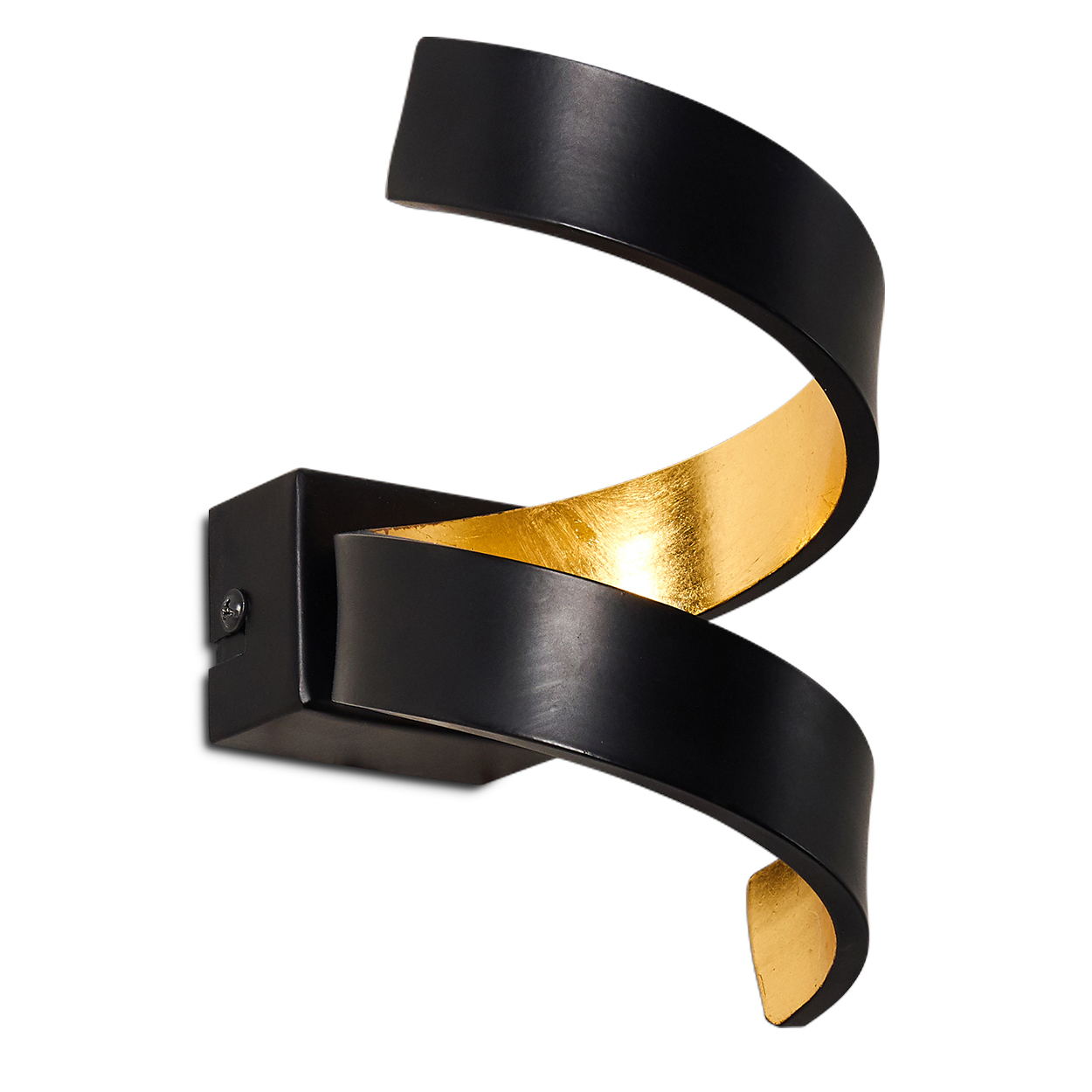 Eine moderne Wandleuchte. Sie ist schwarz mit einer goldenen Innenseite. Das Design ist eine geschwungene, spiralförmige Form, die auf einer schwarzen quadratischen Basis montiert ist.