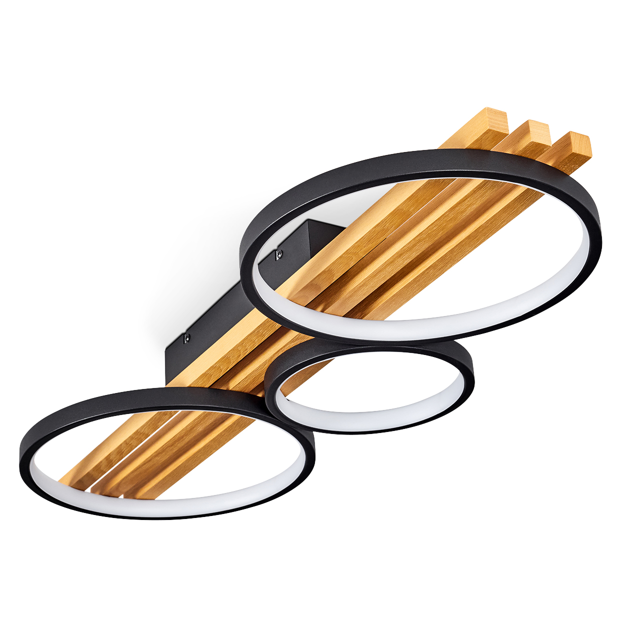 Moderne Deckenleuchte. Sie hat drei schwarze kreisförmige Lichter mit weißen Innenringen und Holzbalken.