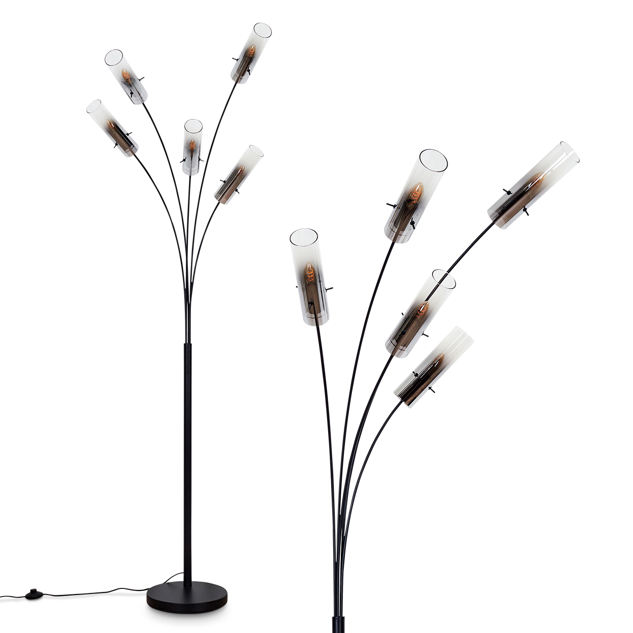 Zwei schwarze Stehlampen mit Glasschirmen. Jede Lampe hat mehrere gebogene Stiele und runde Sockel. Weißer Hintergrund.