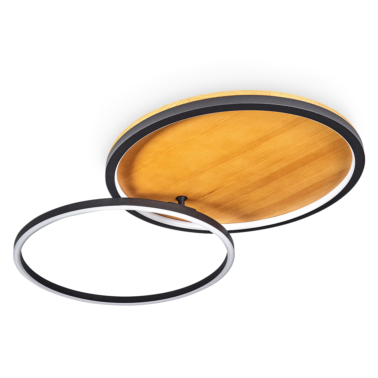 Moderne Deckenleuchte. Rundes Holzdesign mit schwarzem Rand und einem schwebenden Ring. Weißer Hintergrund.