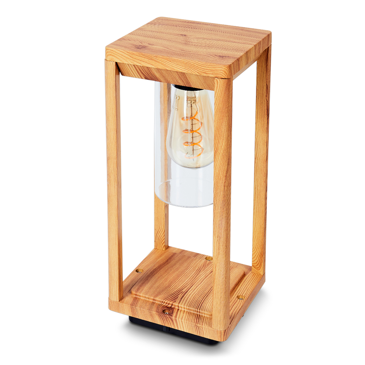 Holzlampe mit einem durchsichtigen Glaszylinder und einer Glühbirne. Die Lampe steht auf weißem Untergrund.