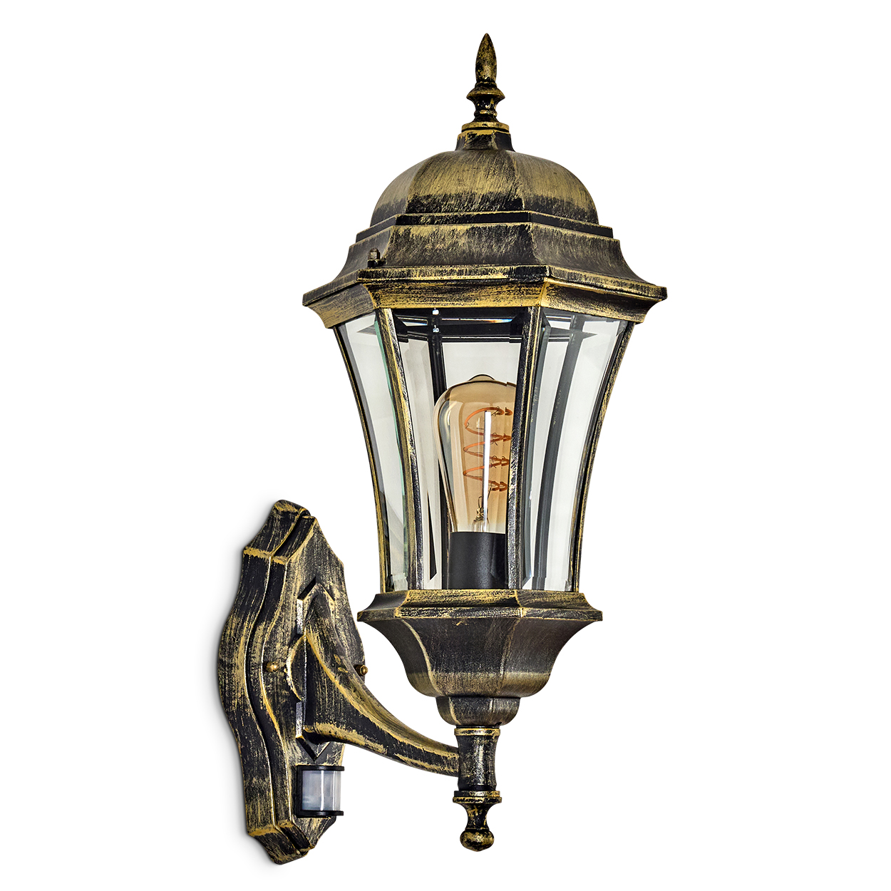 Eine dekorative Außenwandleuchte mit Gold- und Schwarz-Finish, Glaspaneelen und einer sichtbaren Glühbirne.