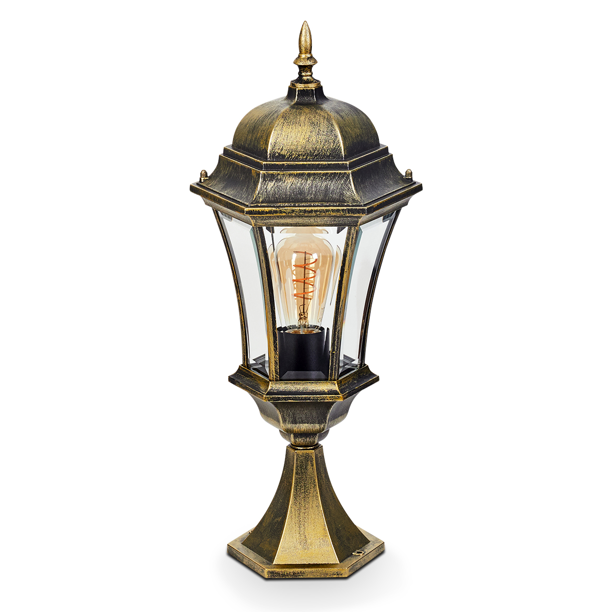 Eine antike Außenlampe. Sie hat eine gold-schwarze Oberfläche mit Glasscheiben. Im Inneren befindet sich eine Glühbirne.