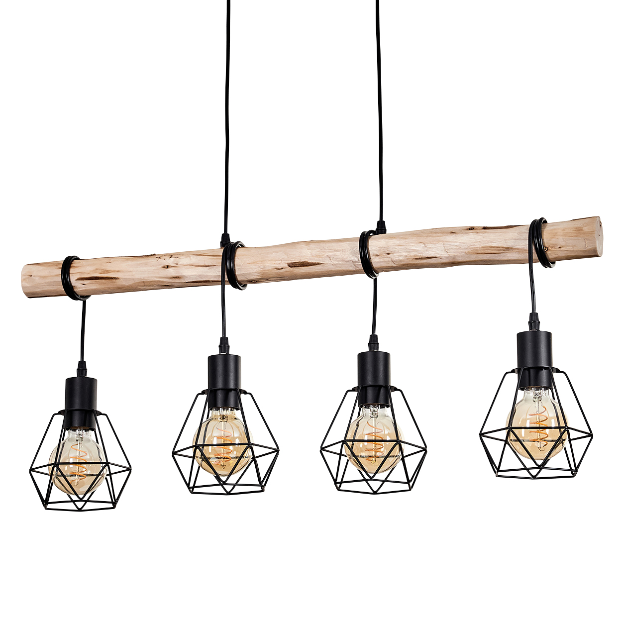 Ein Holzbalken mit vier Hängelampen. Jede Lampe hat einen schwarzen Metallkäfig und eine warm getönte Glühbirne.