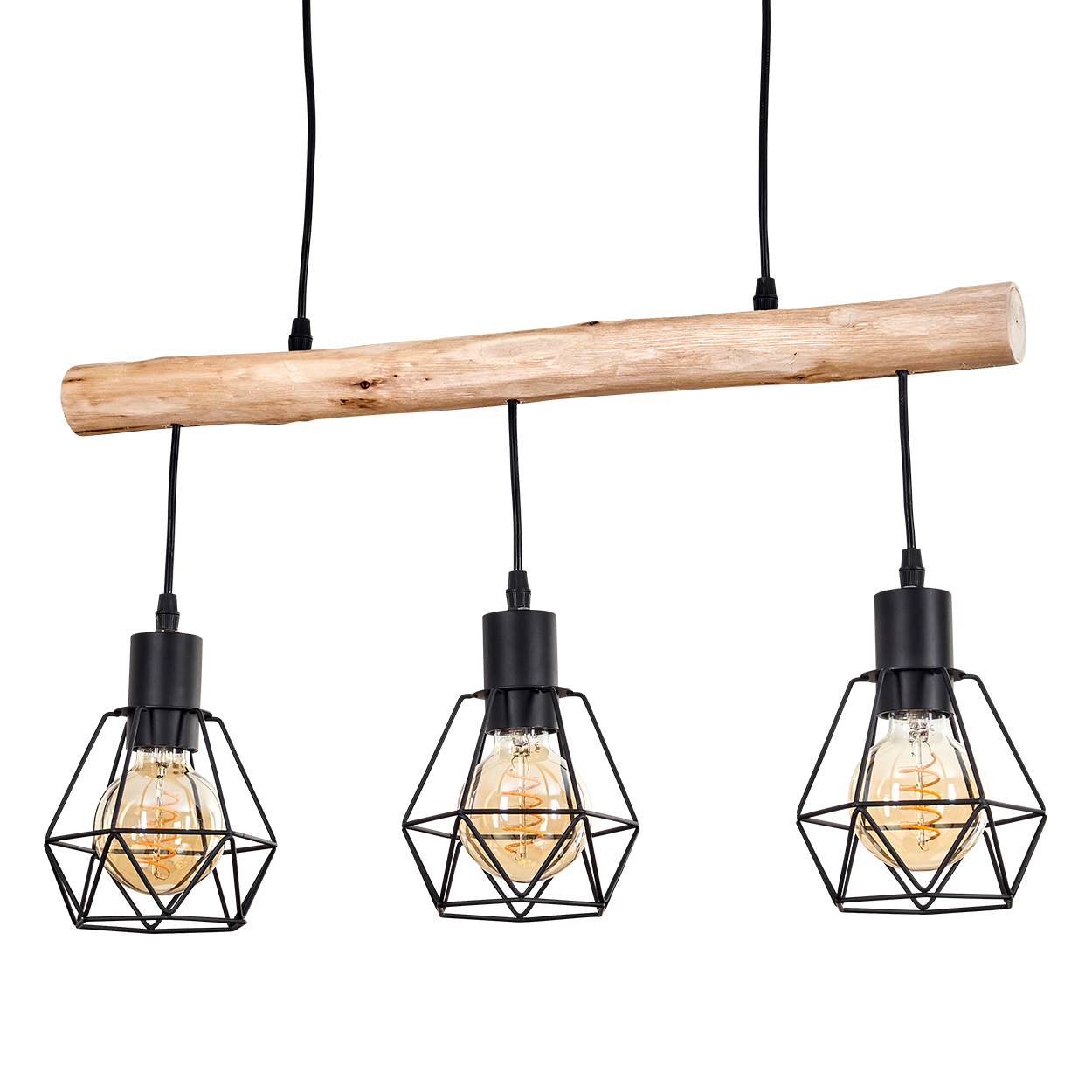 Ein Holzbalken mit drei schwarzen Pendelleuchten. Jede Leuchte hat einen Drahtrahmen und eine leuchtende Glühbirne.