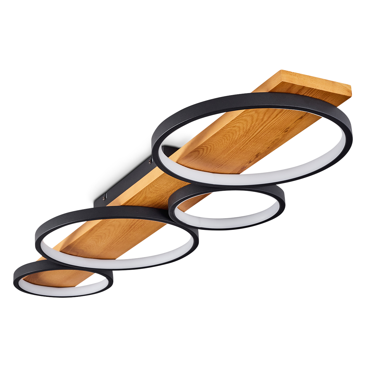 Deckenleuchte mit drei schwarzen kreisförmigen Lichtern und Holzpaneel. Weißer Hintergrund.