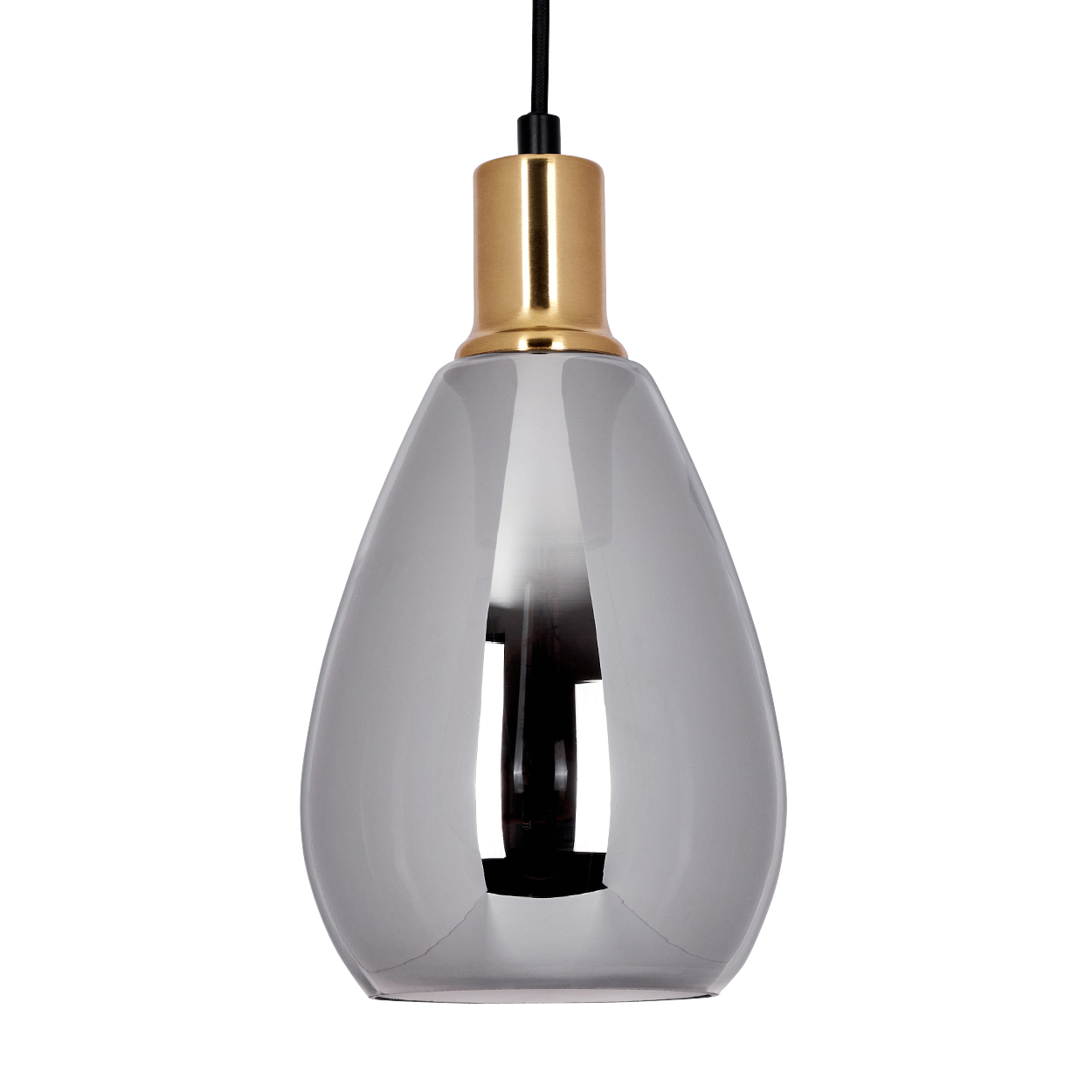 Eine tropfenförmige Pendelleuchte mit goldfarbenem Sockel und grauem Glasschirm, die an einem schwarzen Kabel vor weißem Hintergrund hängt.