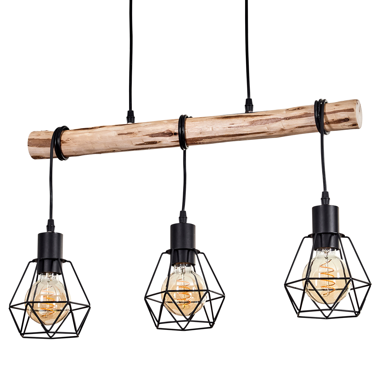Ein Holzbalken mit drei Hängelampen. Jede Lampe hat einen schwarzen Käfig um eine leuchtende Glühbirne. Schwarze Drähte hängen sie auf.