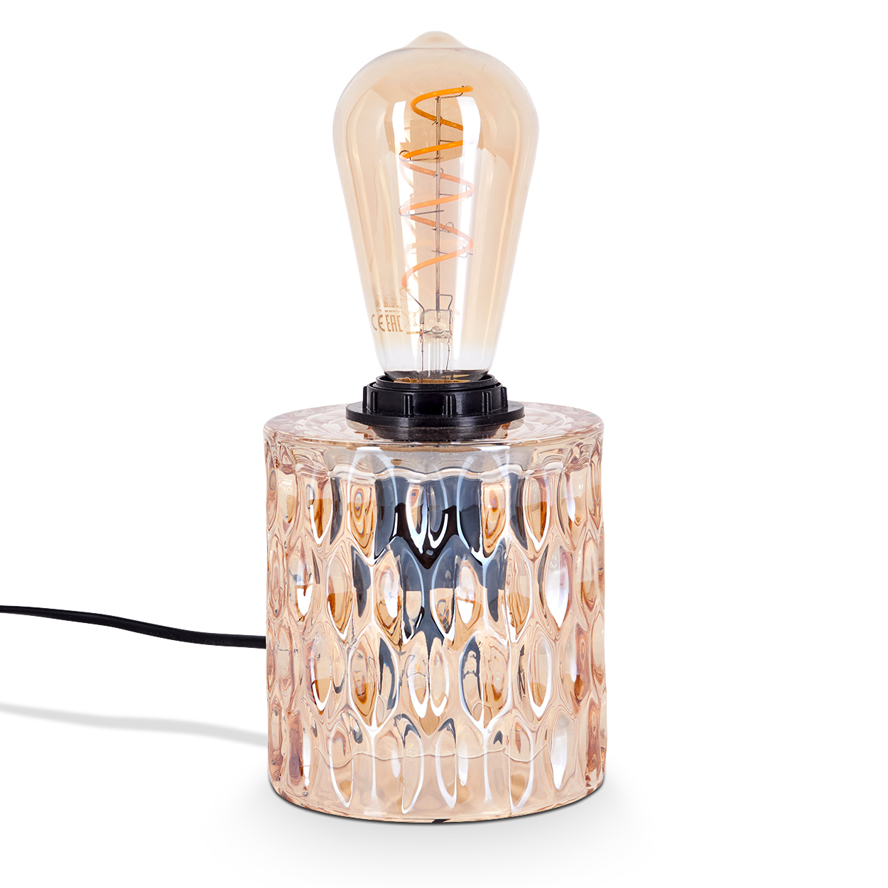 Eine dekorative Lampe mit einer Glühbirne. Der Sockel ist aus gemustertem Glas, zylindrisch, und die Glühbirne ist birnenförmig mit Wendel.