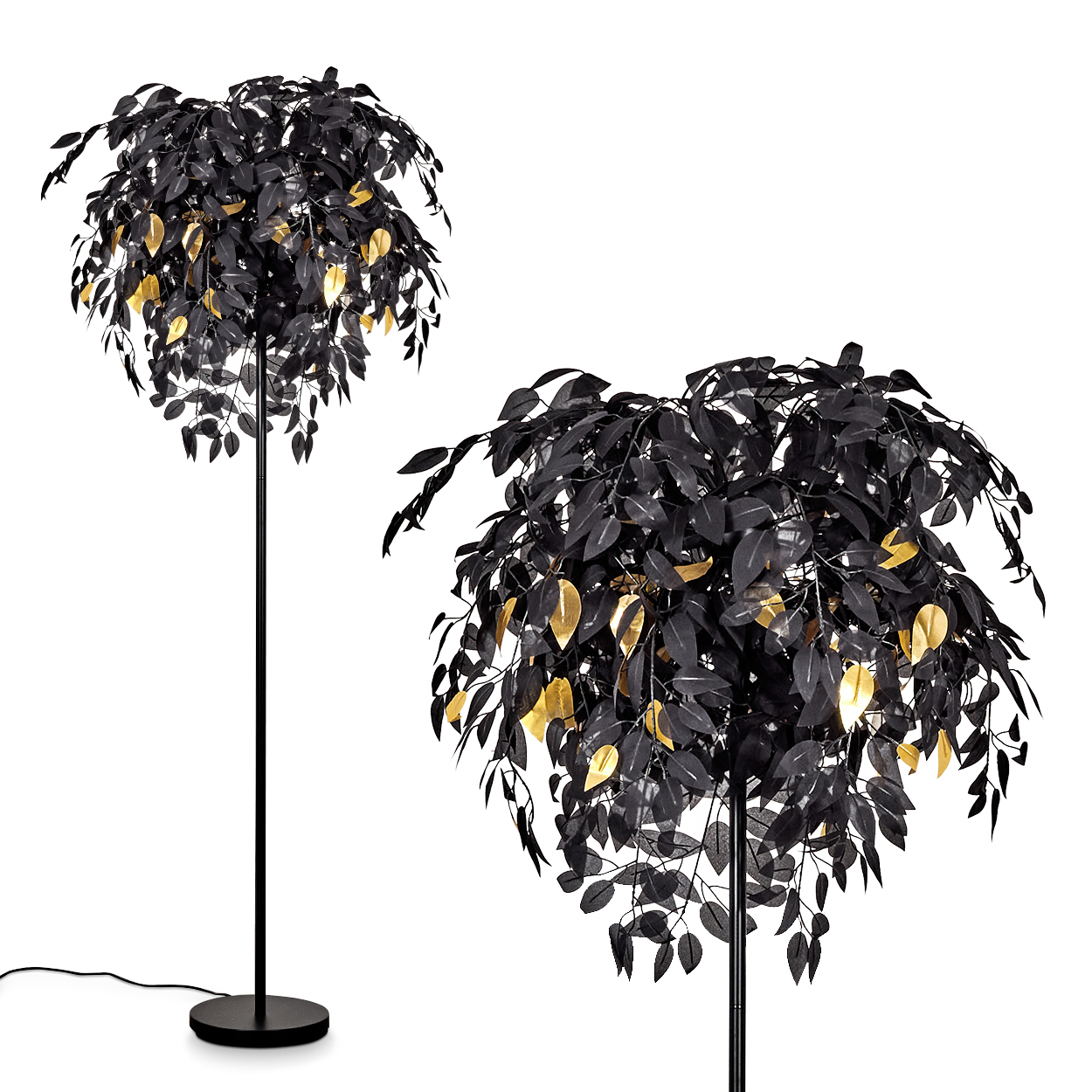Zwei schwarze, baumförmige Lampen mit goldenen Blättern auf weißem Hintergrund. Eine ist vollständig sichtbar, die andere eine Nahaufnahme.