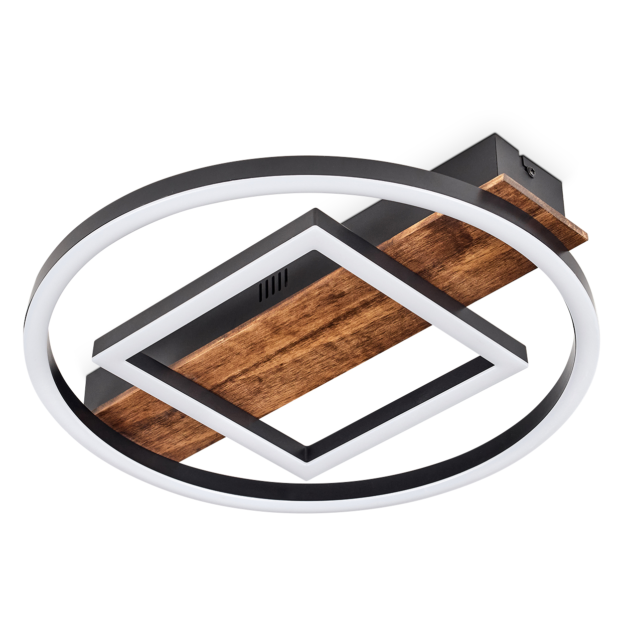 Moderne Deckenlampe mit Holzsockel und schwarzem Metallrahmen. Sie hat ein kreisförmiges und ein quadratisches Lichtelement.