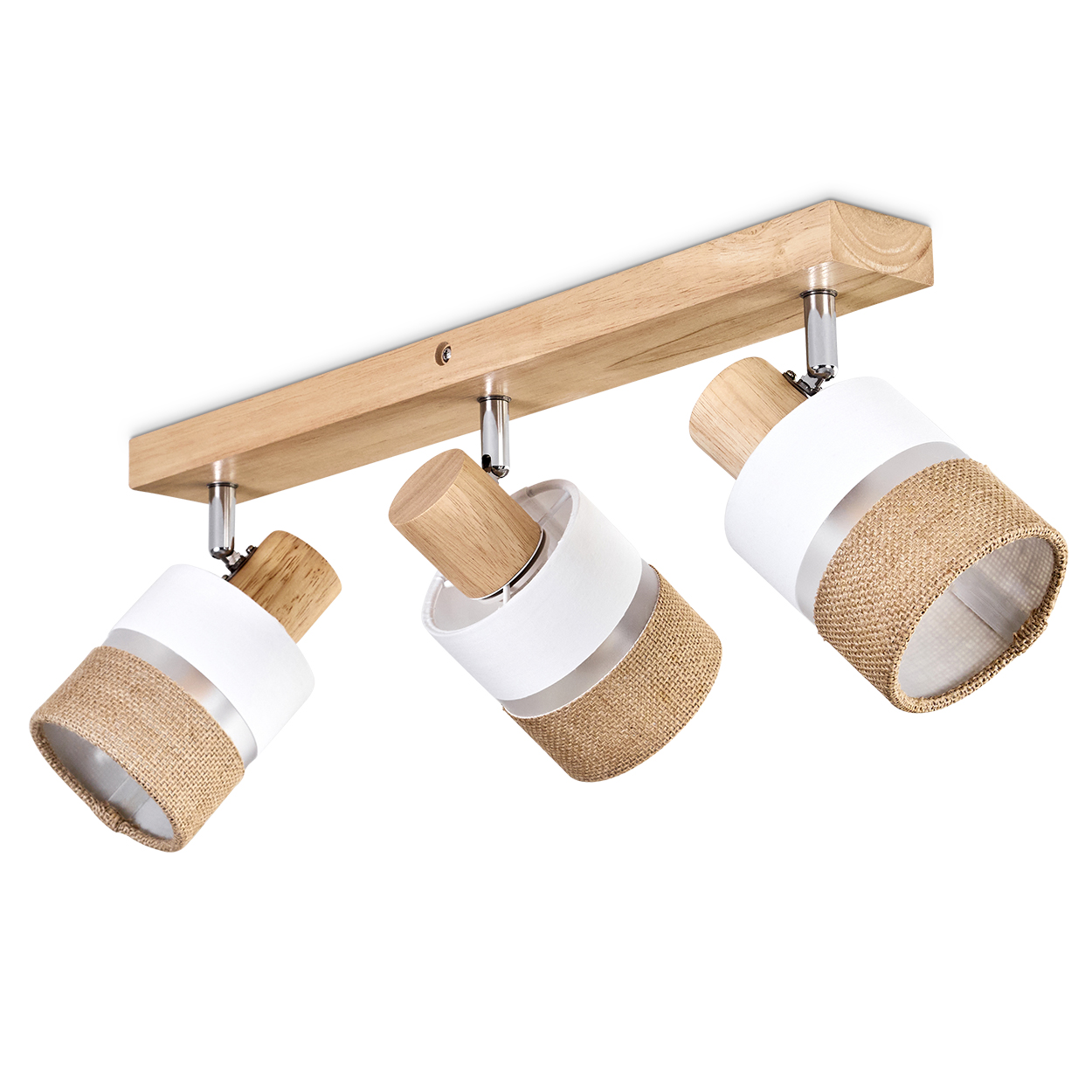Eine Deckenleuchte aus Holz mit drei verstellbaren Strahlern. Jeder Strahler hat einen weißen Schirm, einen Juteabschnitt und ein Holzende.