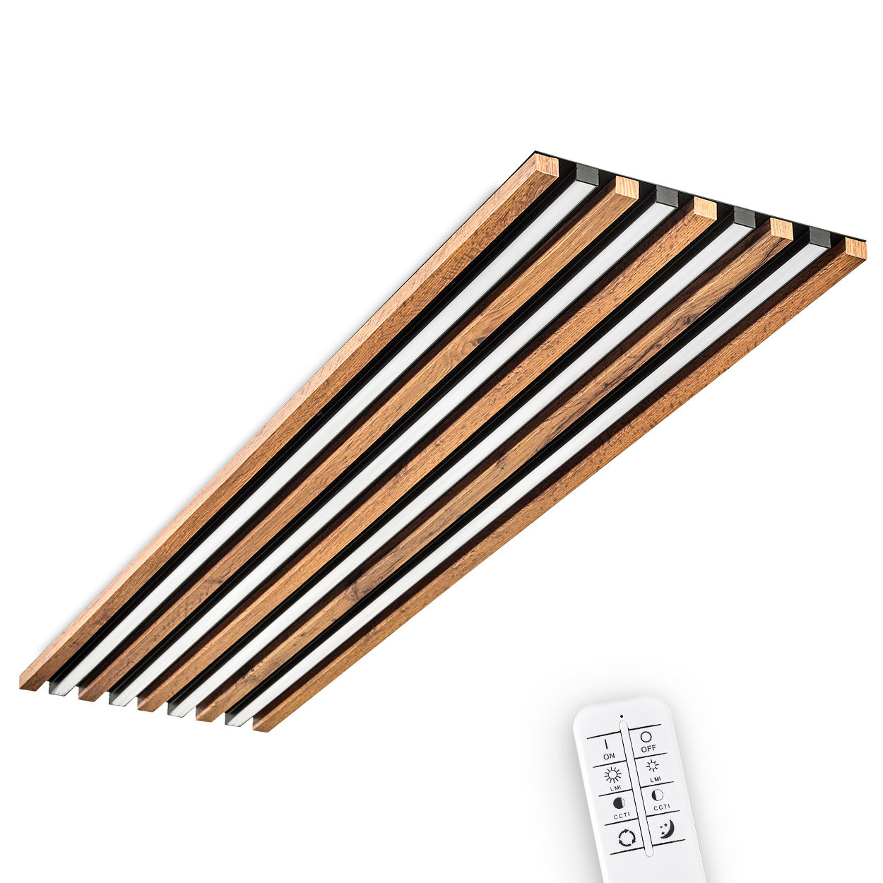 Holzlatten-Leuchte mit weißen und schwarzen Akzenten, mit Fernbedienung.