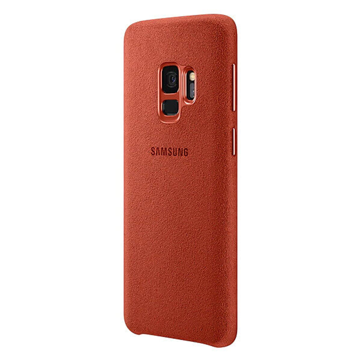 Una custodia per telefono color terracotta per un telefono Samsung. La custodia è strutturata, ha ritagli per la fotocamera e il logo Samsung.