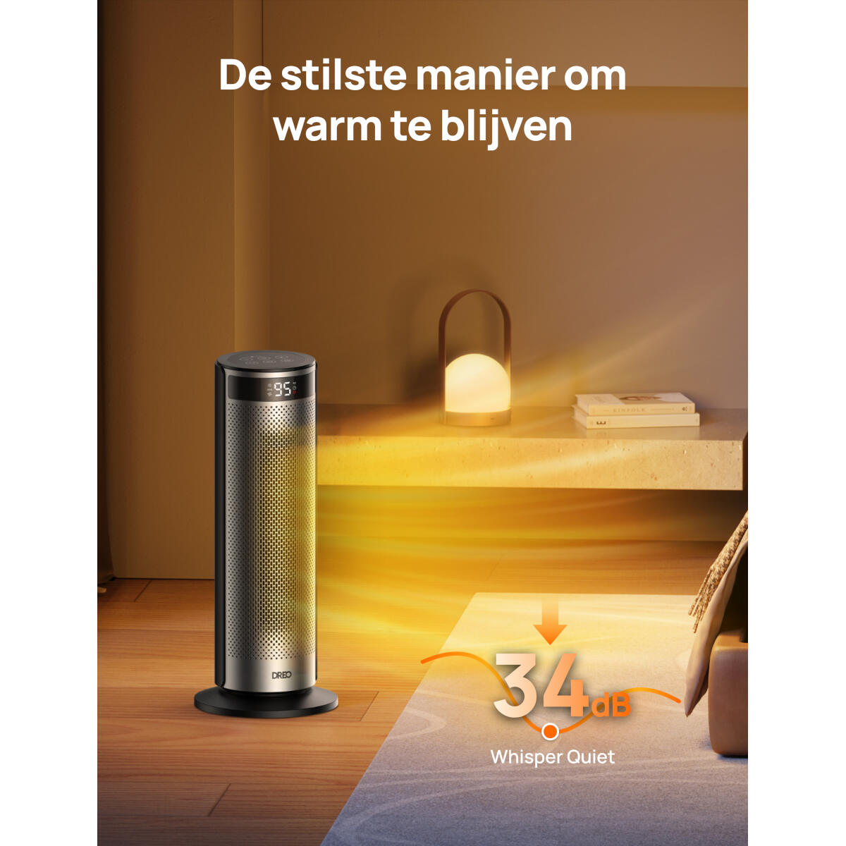 Een moderne kachel staat op een patroonkleed. Een lamp en boeken staan op een plank. De tekst luidt: 'De stilste manier om warm te blijven'.