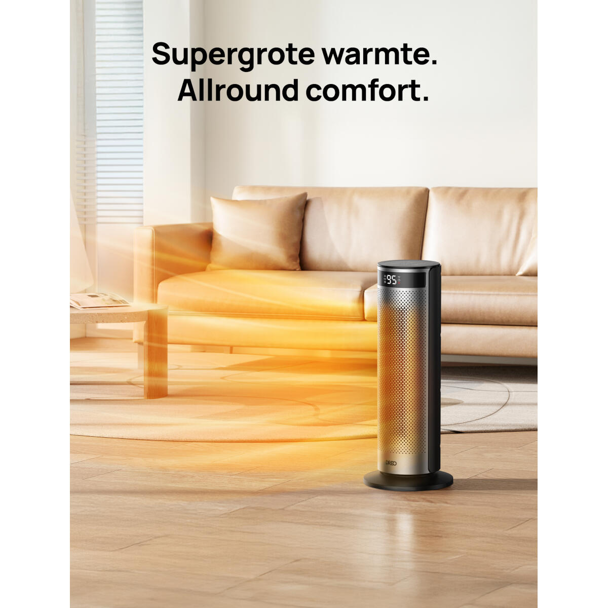 Een kachel staat aan, warmte straalt naar een bank. De kachel toont '95'. De scène is binnen met een vloerkleed en een tafel.