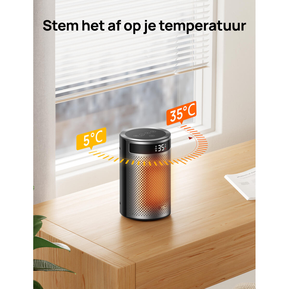 Een kachel toont 35°C, met een label van 5°C. Het staat op een houten oppervlak bij een raam met jaloezieën.