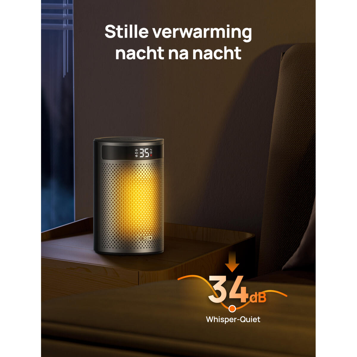 Een kachel met een digitaal display met 35 graden. De kachel staat op een houten oppervlak, naast een bank. De tekst zegt fluisterstil.