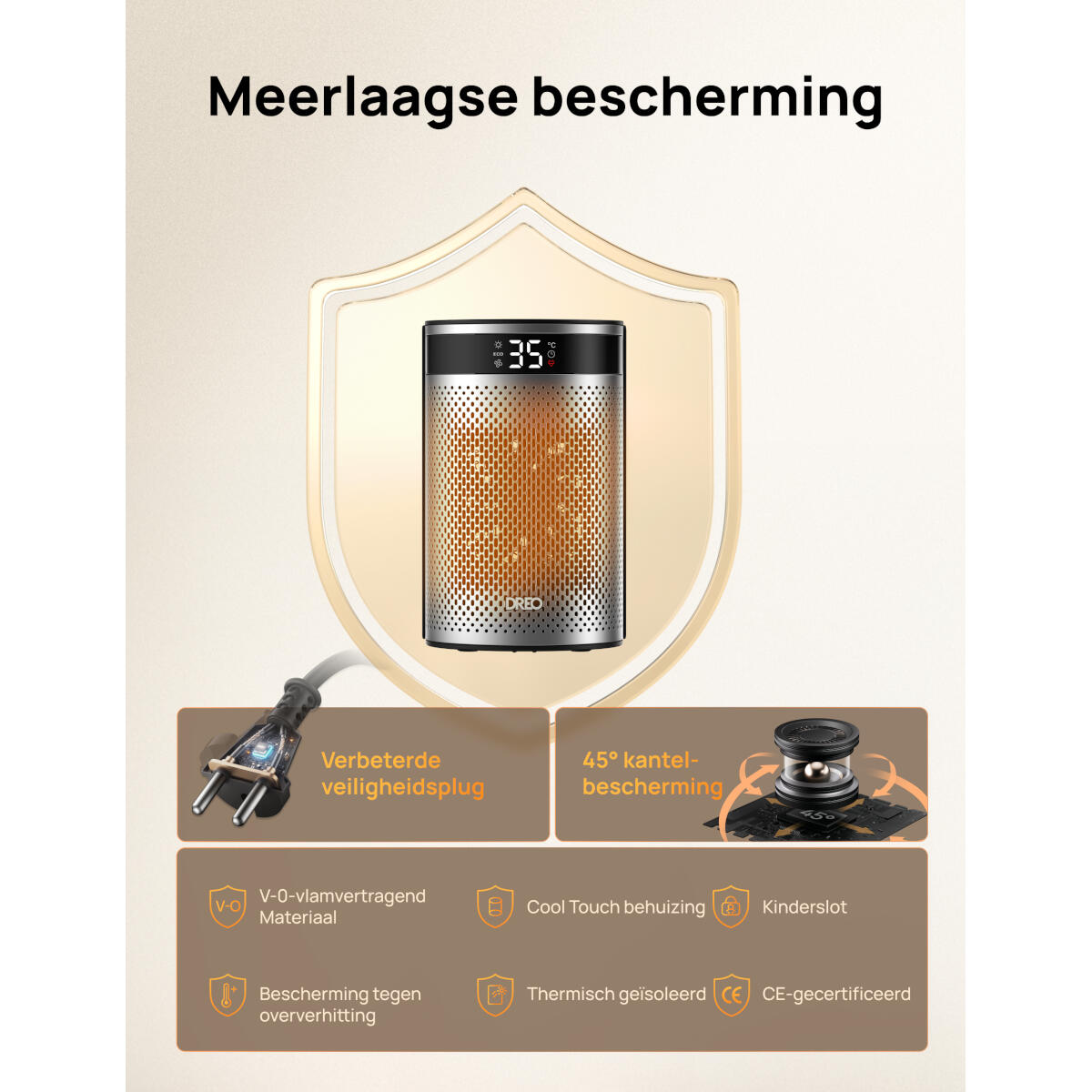 Een zilveren en oranje ruimteverwarming met veiligheidsvoorzieningen zoals kantelbeveiliging en een koel aanvoelende behuizing wordt weergegeven.