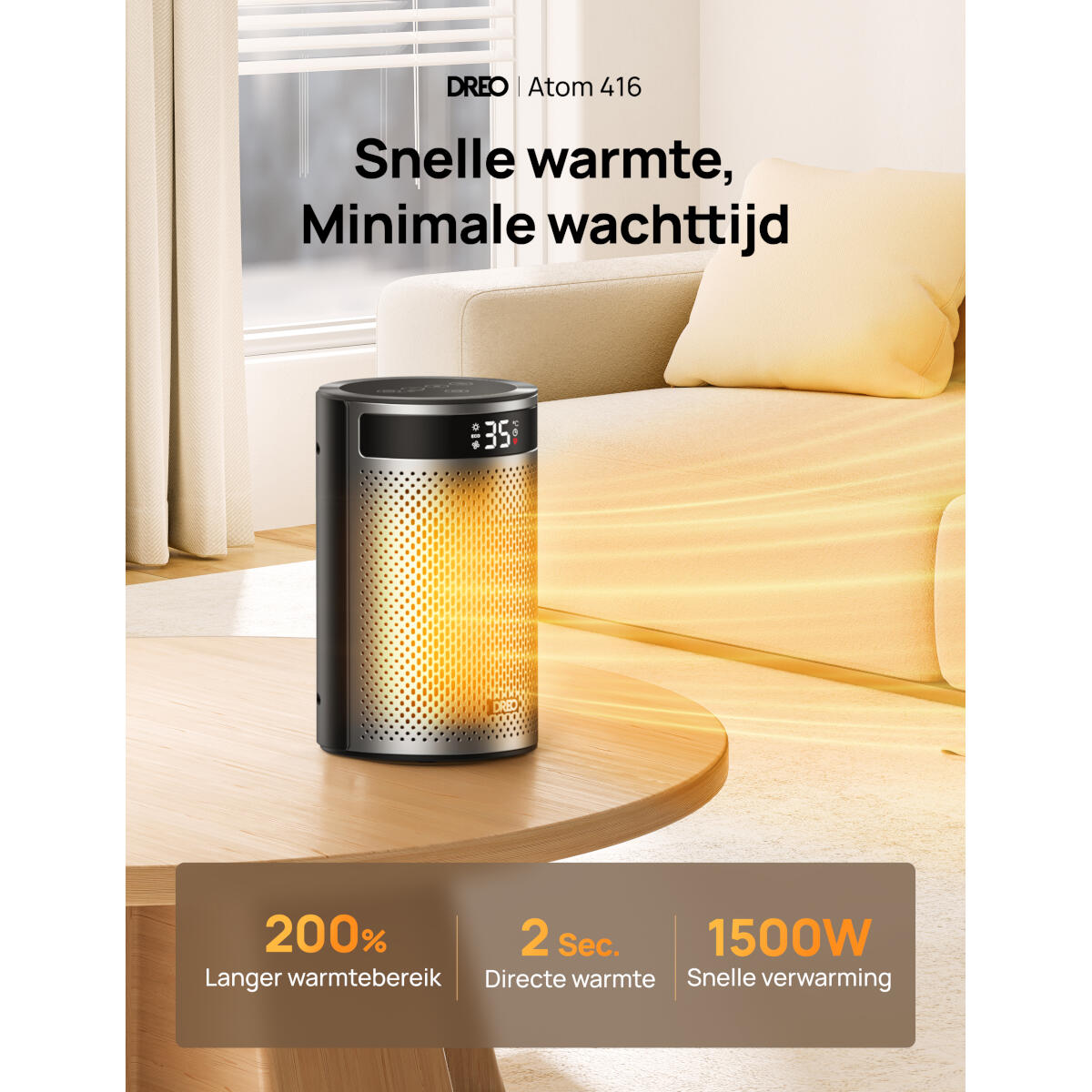 Een zwarte en zilveren kachel met digitale display staat op een tafel. Tekst promoot snel verwarmen en een groter bereik.