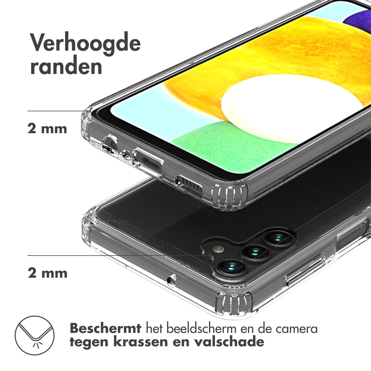 Custodia trasparente per telefono. Testo: Verhoogde randen, 2mm, Beschermt het beeldscherm en de camera tegen krassen en valschade.