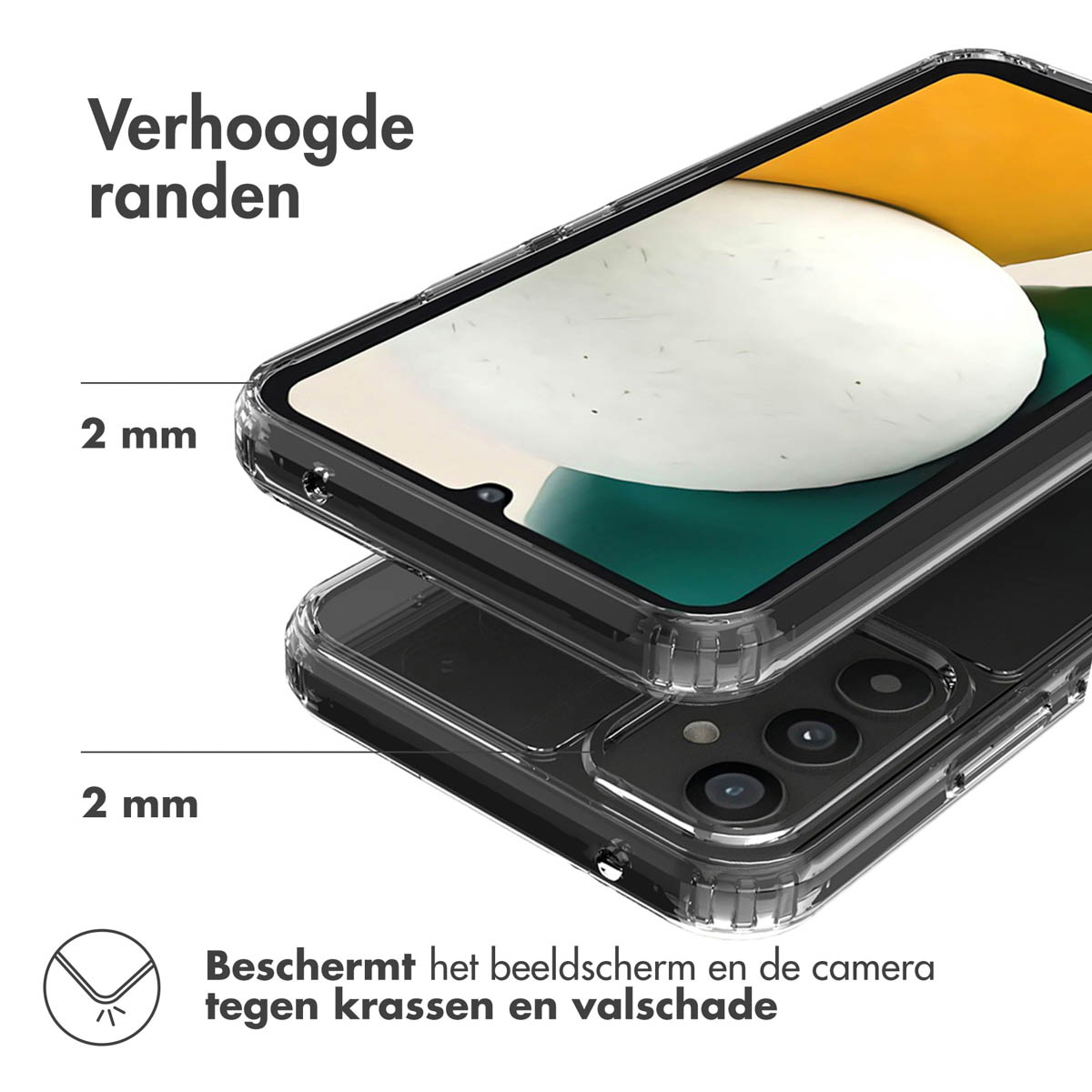 Une coque de téléphone est montrée, avec un téléphone à l'intérieur. L'étui est transparent, avec des bords surélevés et protège des rayures.