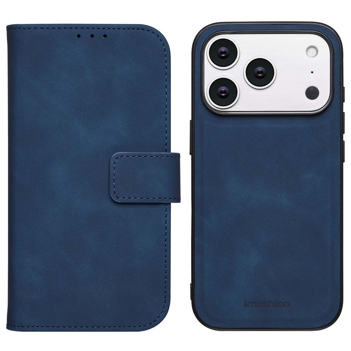 Een blauwe telefoonhoes en een telefoon. De hoes is in folio-stijl. De telefoon heeft drie camera's. De merknaam is zichtbaar.