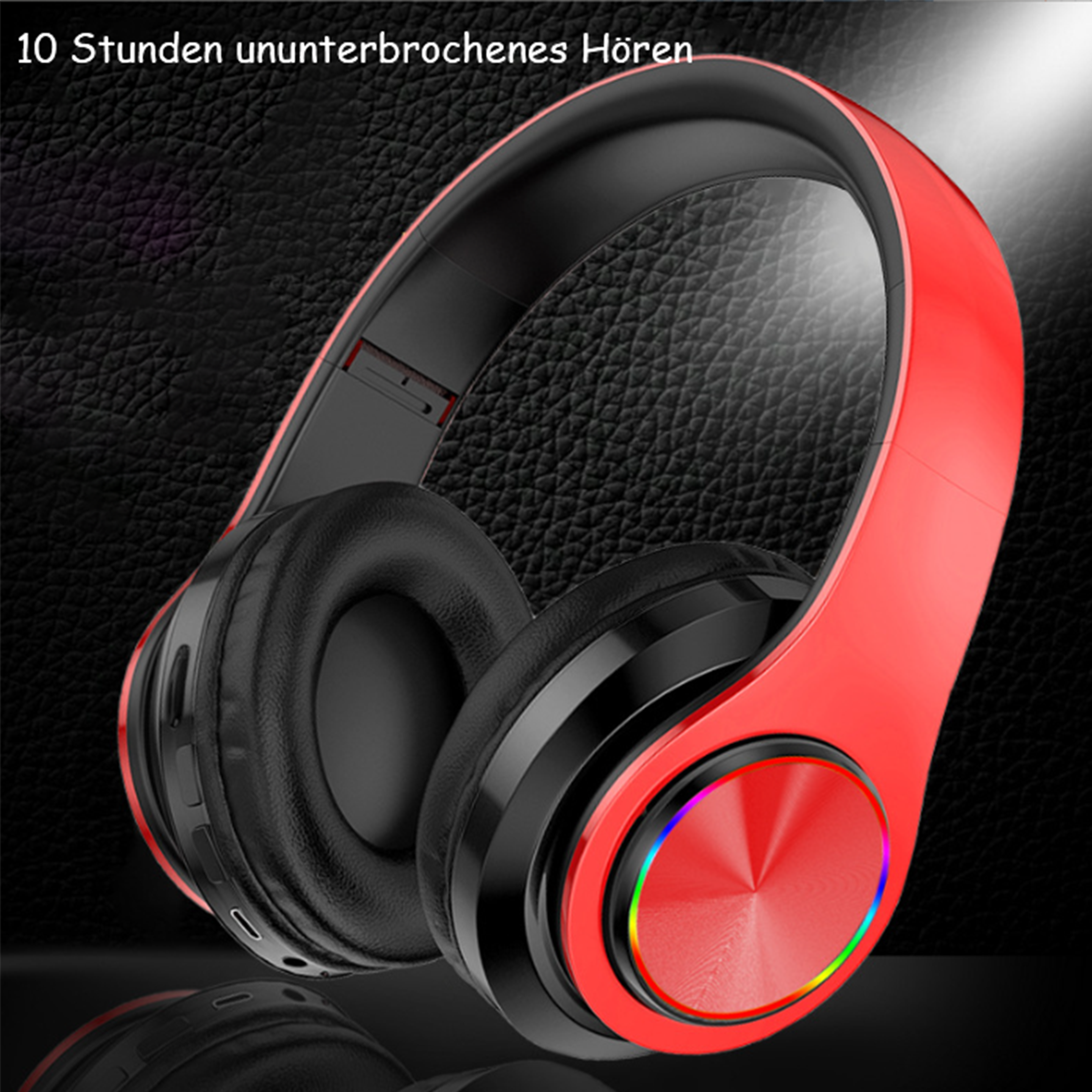 Rote und schwarze Kopfhörer mit Metallic-Finish und farbigem Lichtring. Der Hintergrund ist eine strukturierte schwarze Oberfläche.