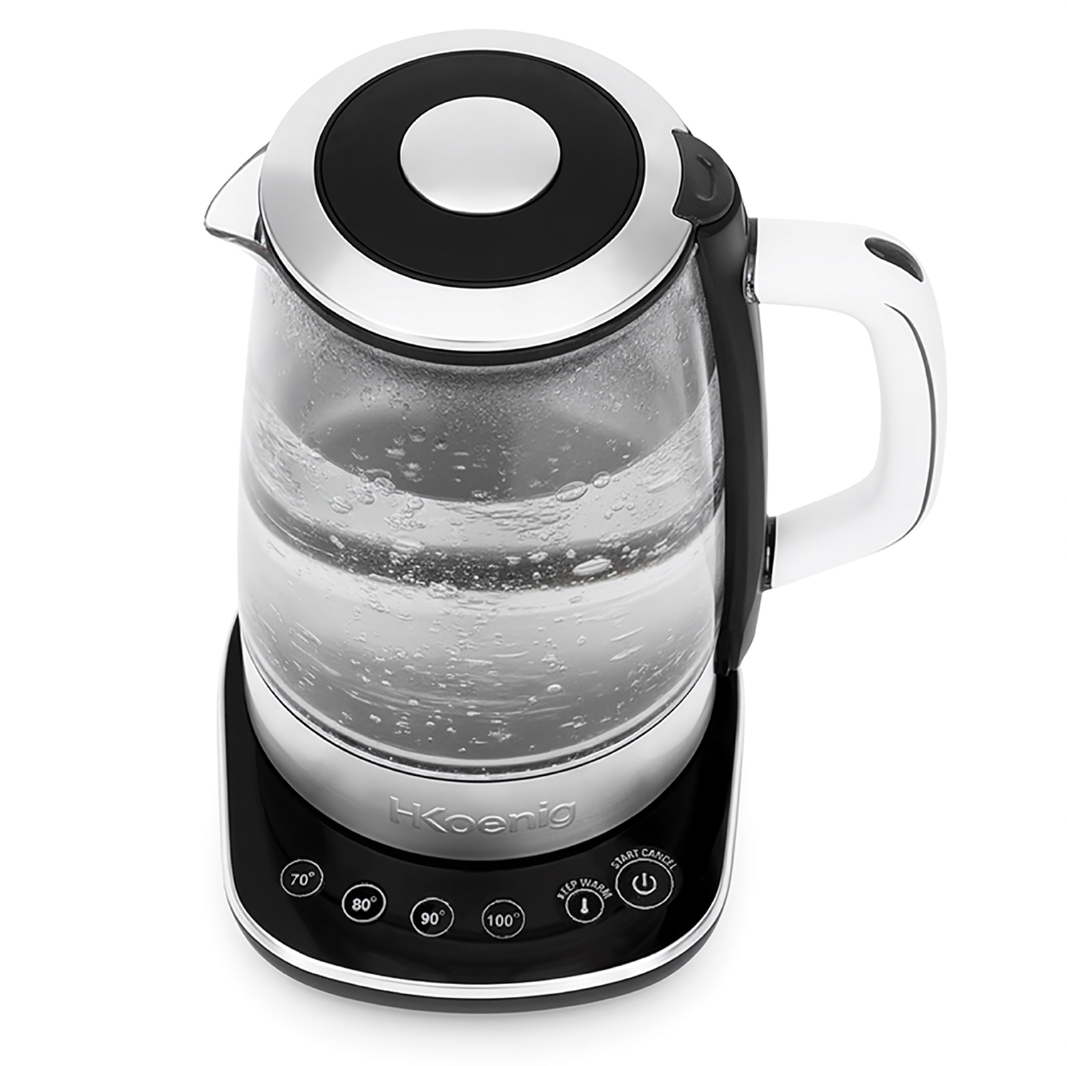 Un bollitore elettrico in vetro con acqua bollente. Ha base e coperchio neri, con manico bianco. Pulsanti per l'impostazione della temperatura.