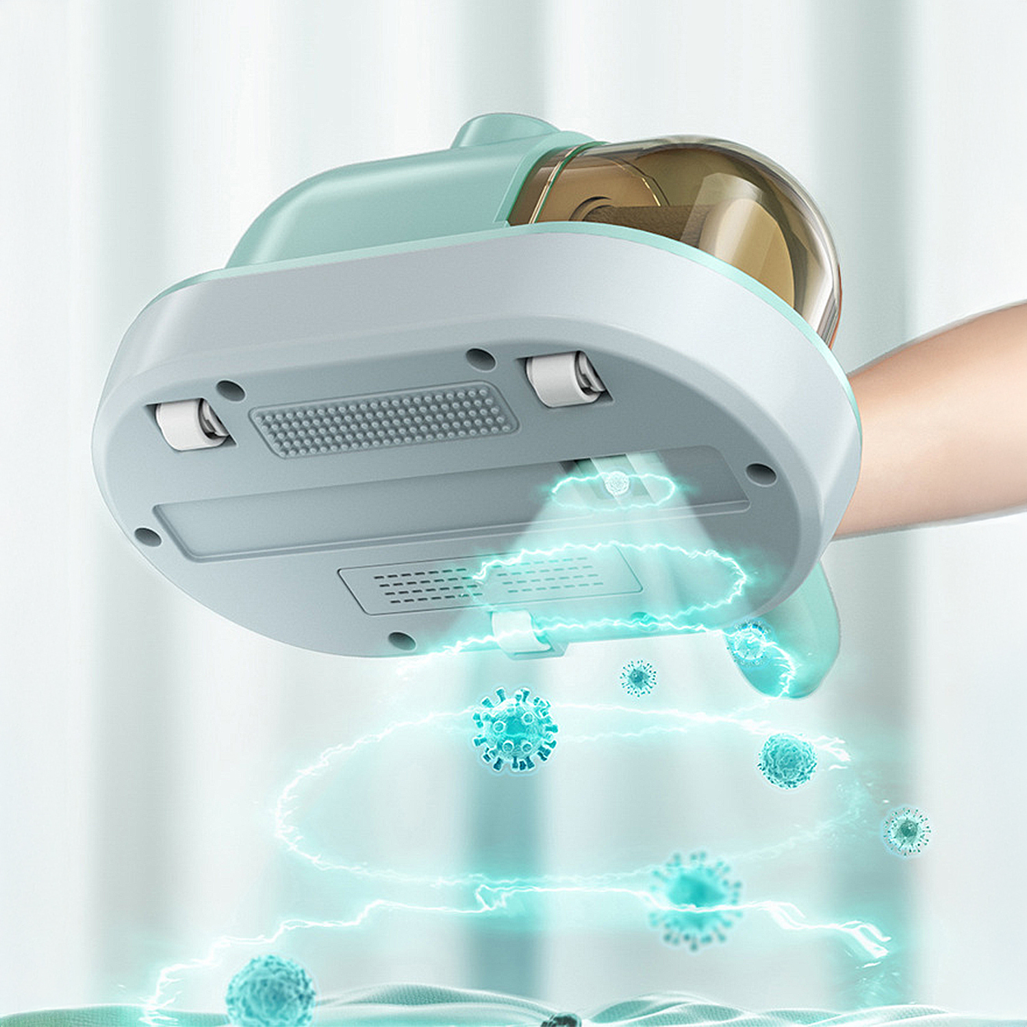 Un dispositivo de limpieza portátil emite luz azul. El dispositivo es verde azulado y gris. Energía azul rodea formas pequeñas similares a virus.