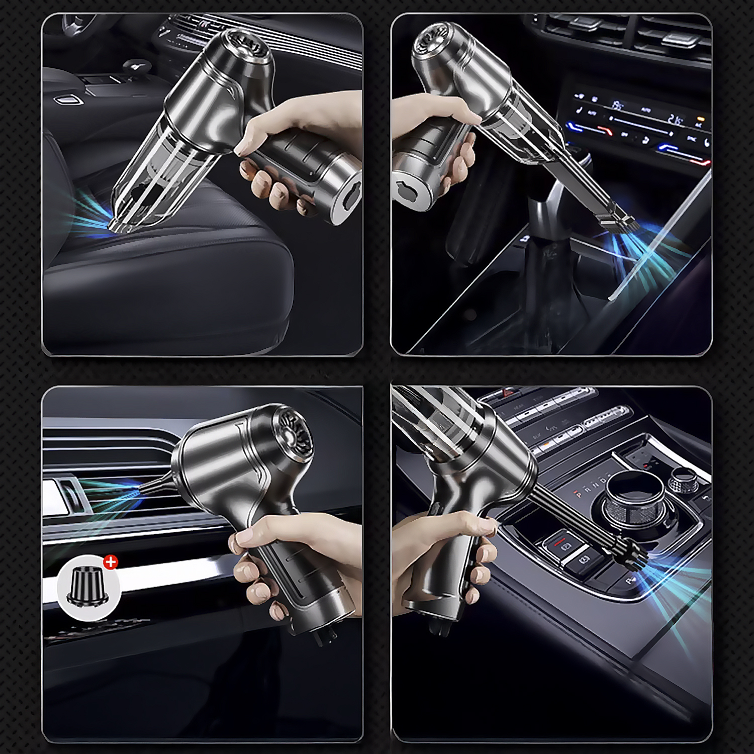 Se utiliza una aspiradora de mano en un coche. Es plateada y negra. El interior del coche es negro. La aspiradora está limpiando.