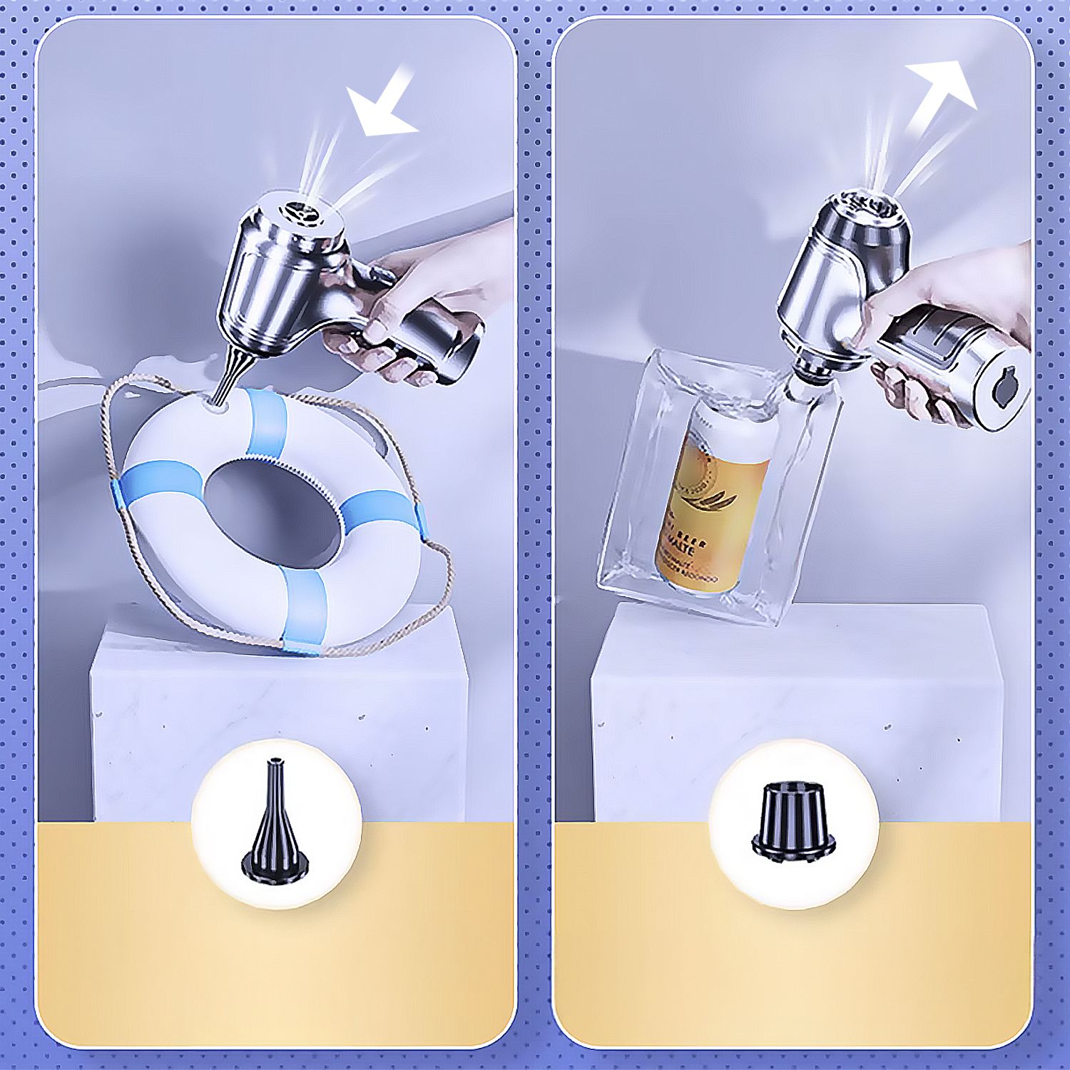 Una mano sostiene un dispositivo sobre un salvavidas y una bolsa de producto. Flechas muestran la acción del dispositivo. Dos inserciones muestran las tapas.