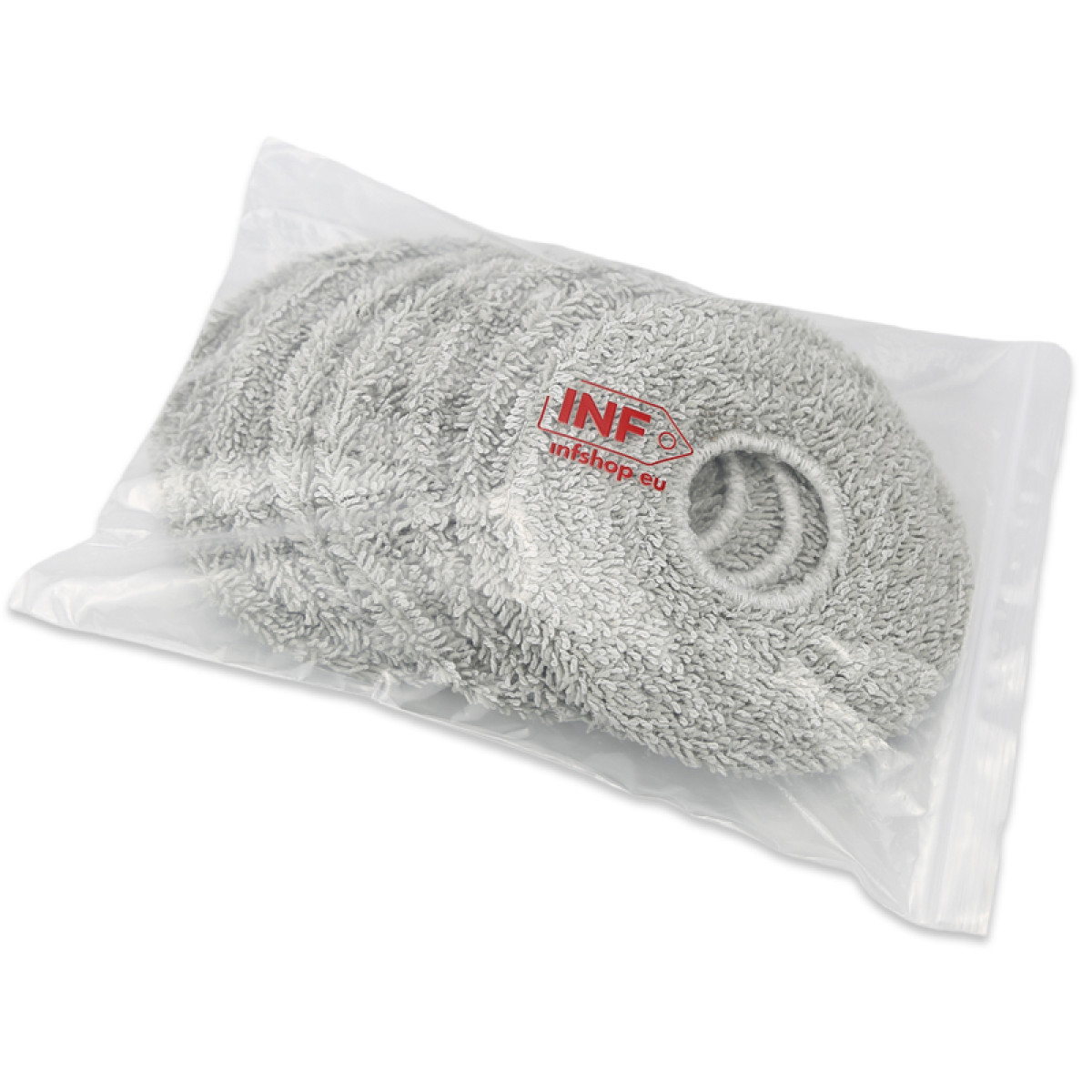 Przezroczysta plastikowa torba zawiera kilka szarych, okrągłych podkładek czyszczących. Jedna z podkładek ma otwór na środku.