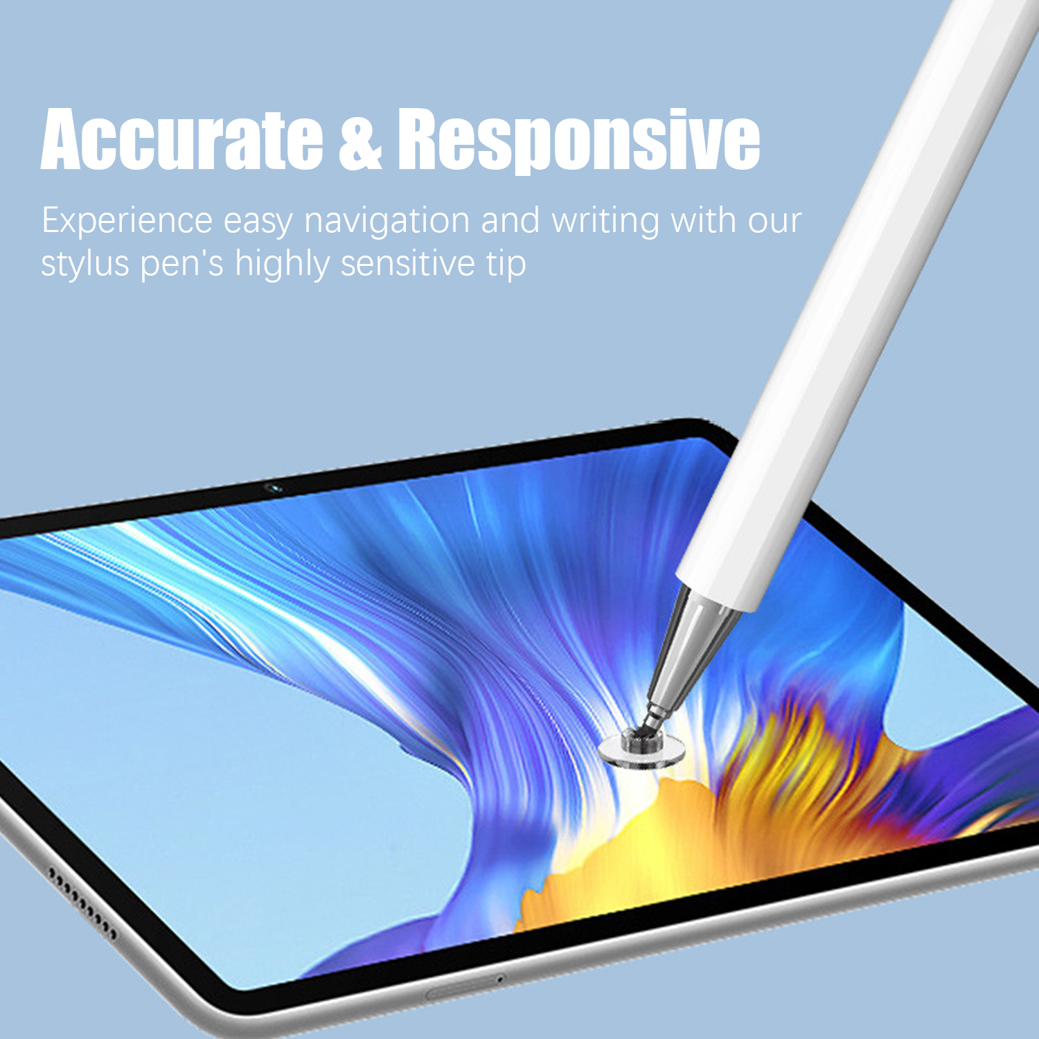 Ein weißer Stift berührt einen Tablet-Bildschirm. Der Bildschirm zeigt ein farbenfrohes abstraktes Bild. Der Text oben lautet 'Accurate & Responsive'.