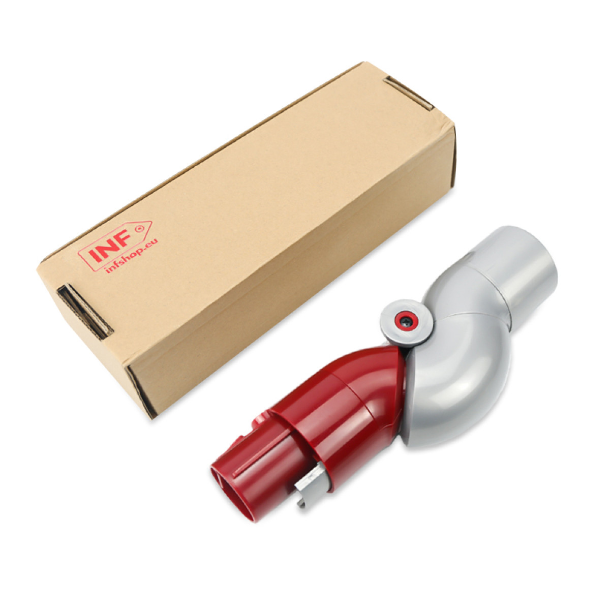 Kątowa nasadka do odkurzacza. Ma czerwone i srebrne części, z kartonowym pudełkiem w tle.