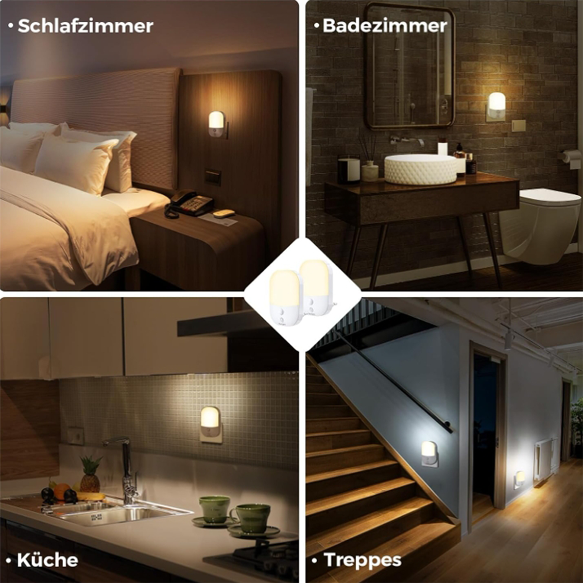 Das Bild zeigt Nachtlichter in einem Schlafzimmer, Bad, Küche und Treppenhaus. Jede Szene hat ein montiertes Licht.
