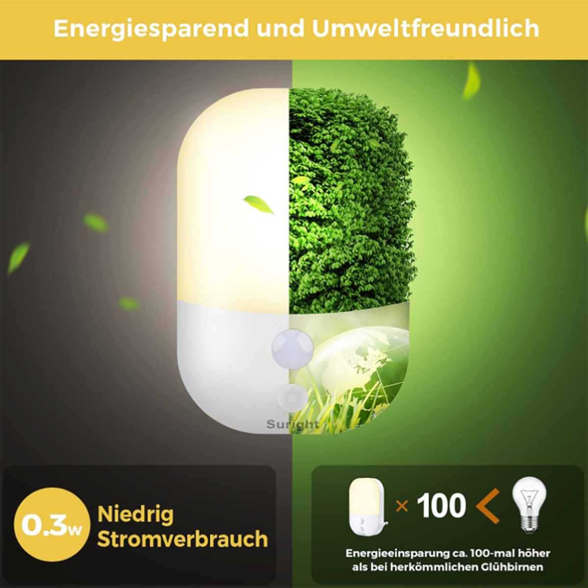 Das Bild zeigt ein energiesparendes Nachtlichtkonzept. Hälfte Licht, Hälfte grünes Laub, mit Text über geringen Energieverbrauch und Umweltfreundlichkeit.