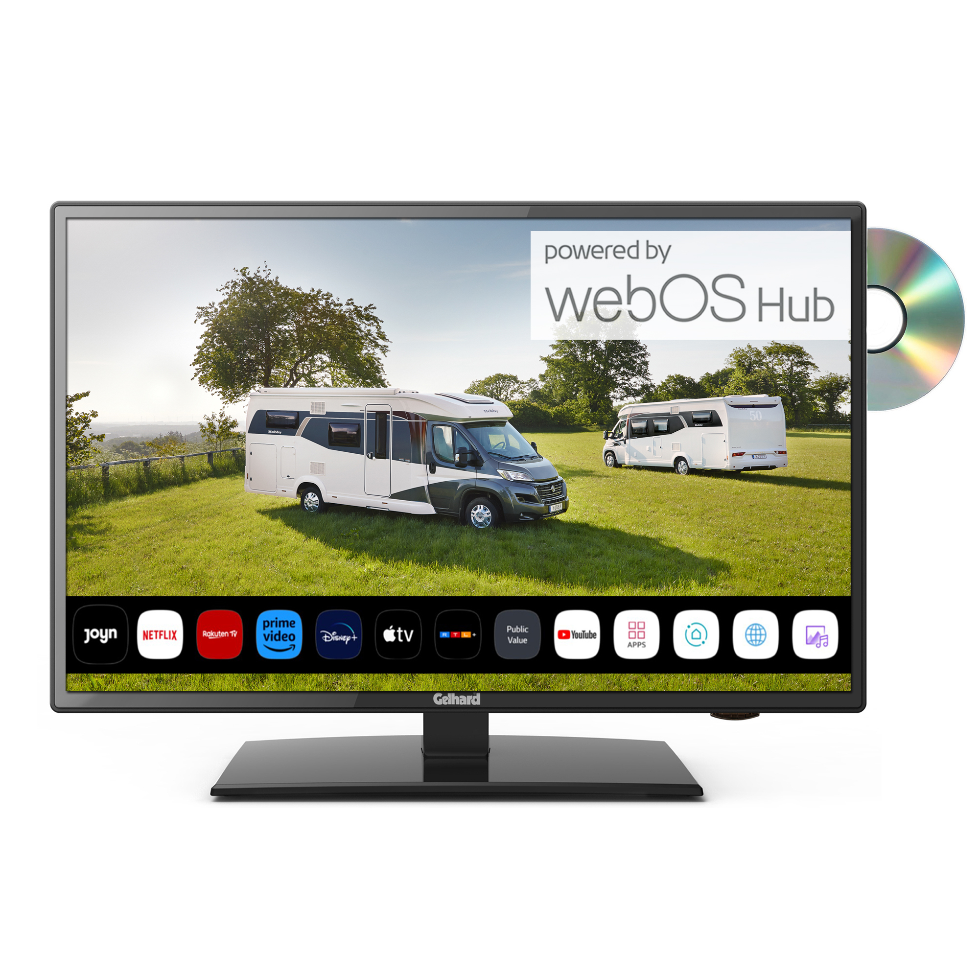 Ein Fernseher zeigt eine grüne Wiese mit Wohnmobilen. Der Bildschirm zeigt App-Symbole. Eine CD liegt neben dem Bildschirm. Der Fernseher steht auf einem schwarzen Ständer.