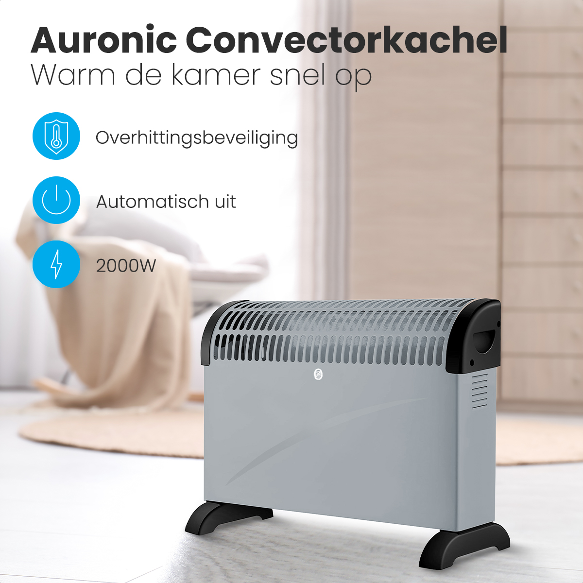 A gray Auronic convector heater. Features include overheating protection, automatic shut-off, and 2000W power. Placed in a room setting.