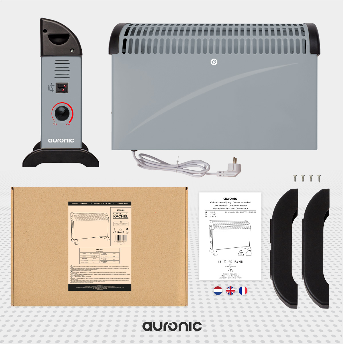 A gray Auronic convector heater with parts, a box, and a manual are displayed on a white surface.